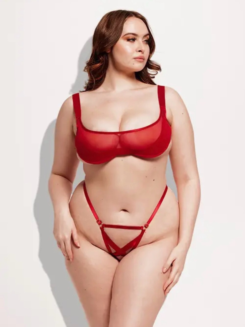 NWT Sheer Underwire Bra & Strappy G-String Lingerie Set | Red | Plus Size